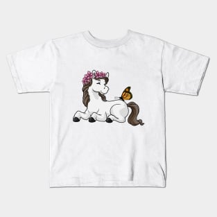 Horse with flower wreath and butterfly Kids T-Shirt